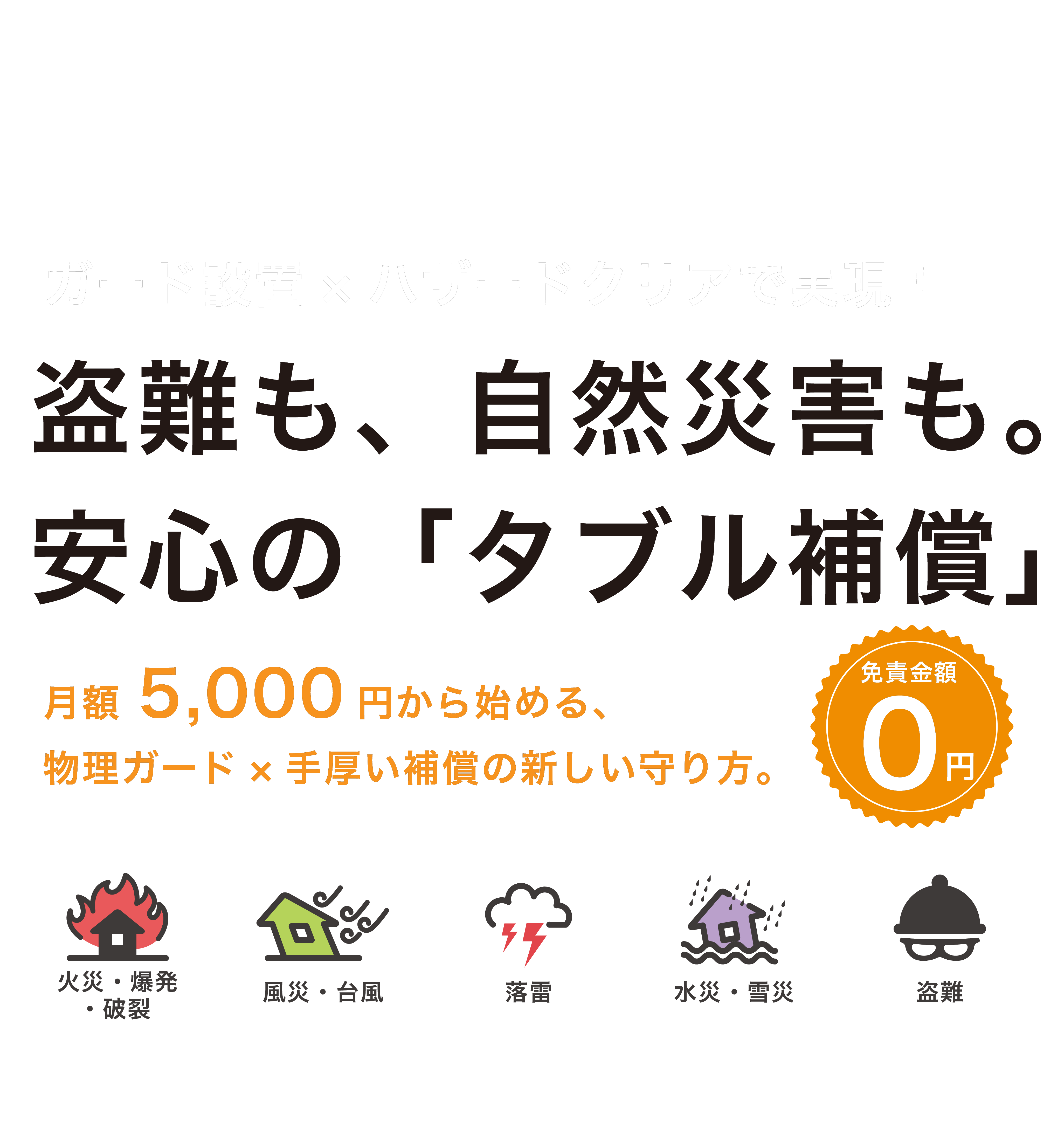 ガード設置×ハザードクリアで実現！ 盗難も、自然災害も。安心の「ダブル補償」 月額5,000円から始める、物理ガード×手厚い補償の新しい守り方。 免責金額0円
